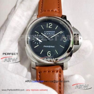 Perfect Replica Classic Style Panerai Luminor Marina 44MM Men Watch - PAM00111 316L Steel Case Black Face Brown Leather Strap 